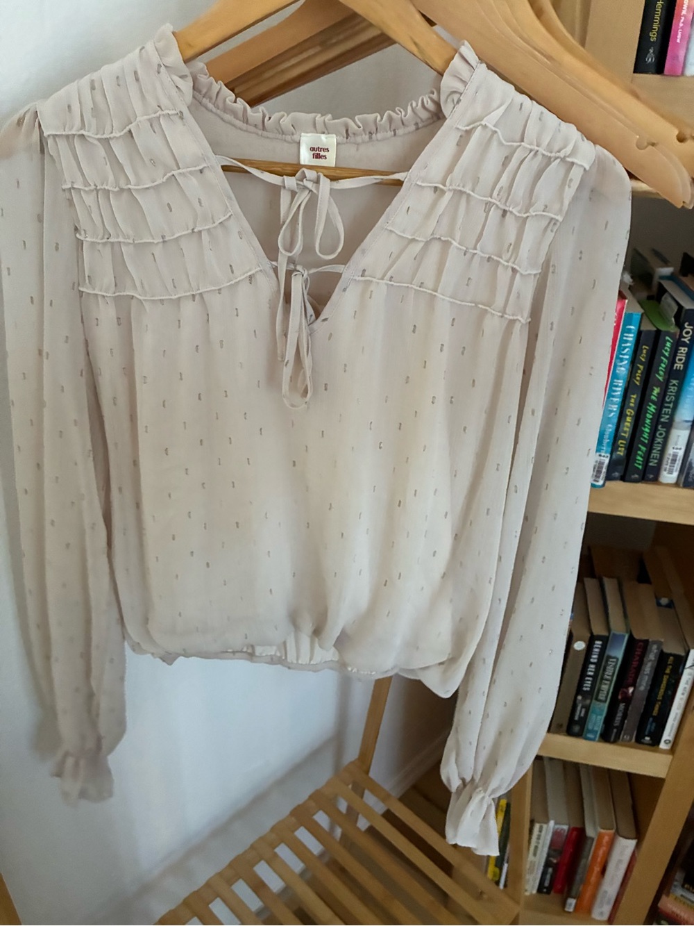 Light Cream Ruffle Yoke Long-Sleeve Blouse with Tie Front